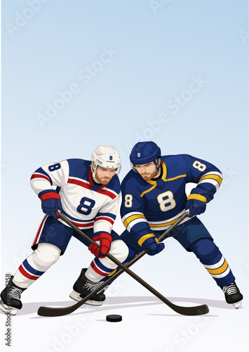 Photography 072-09-Two ice hockey players from rival teams are competing for the puck on ice