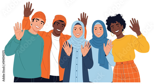 Happy diverse young people smiling and enthusiastically waving to greet and welcome new connections.