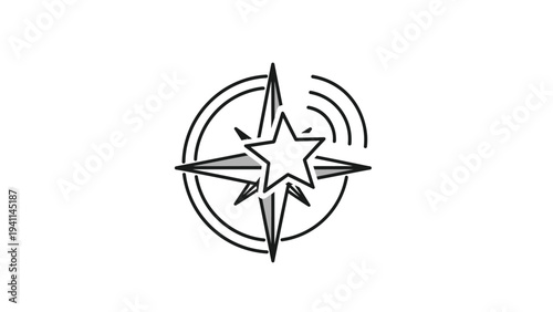 Linear design icon of a compass rose with a central star and radiating lines, symbolizing guidance, stellar navigation, strategic direction, or clear purpose.