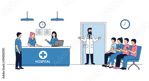 Doctor welcomes patients in a bright modern hospital reception area with waiting staff