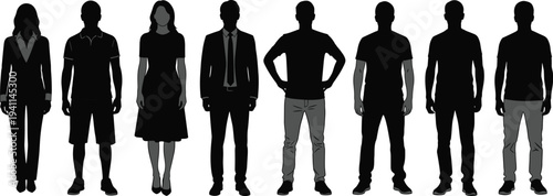 Group of diverse people silhouettes standing in a row wearing different outfits from formal business suits to casual everyday clothing