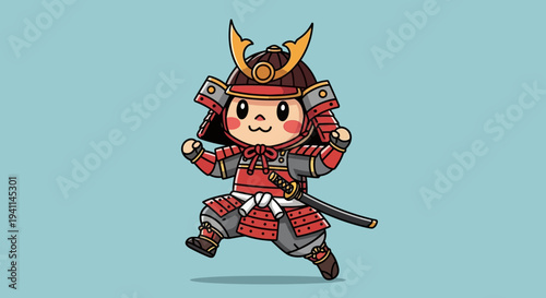 Cute Cartoon Samurai Warrior Character with Sword