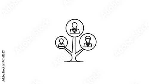 Linear design icon of a tree with three human figures in its foliage, symbolizing family lineage, organizational structure, team hierarchy, or interconnected relationships.
