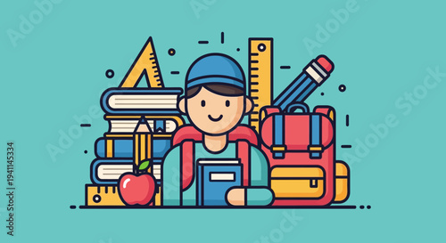 Happy Student with Backpack, Books, Apple, and School Supplies - Back to School Concept