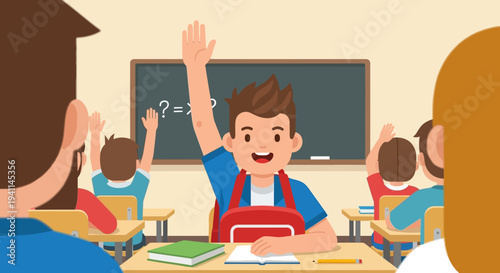 Happy student raising hand in classroom, eager to answer question on blackboard
