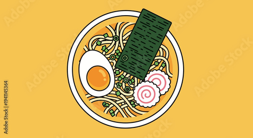 Japanese Ramen Noodle Soup Bowl Top View - Illustration