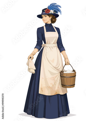 072-12-Woman dressed as a vintage nanny or maid is holding a cleaning bucket and a towel