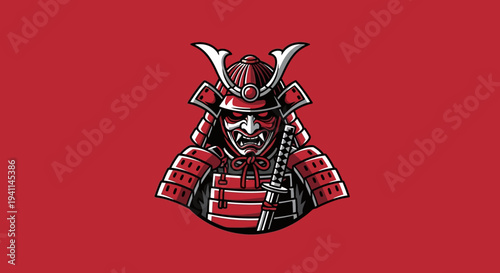 Japanese Samurai Warrior Mask and Armor Illustration on Red Background