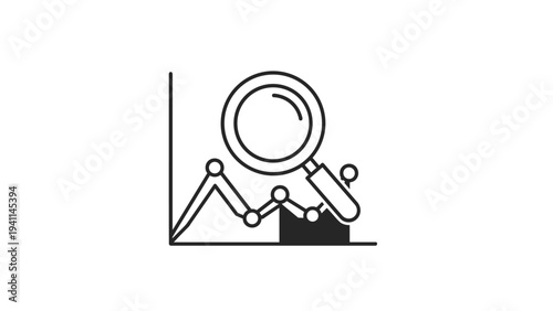 Linear design icon of a line graph with a magnifying glass, representing data analysis, market research, trend investigation, or detailed financial scrutiny.