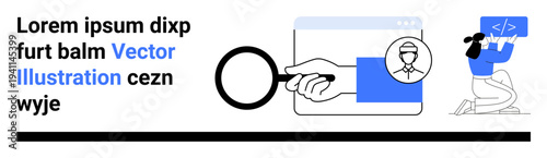 User data, search tools, programming, web development, identity verification, online research. A hand with a magnifying glass and a profile icon next to a coding figure. User data and search tools