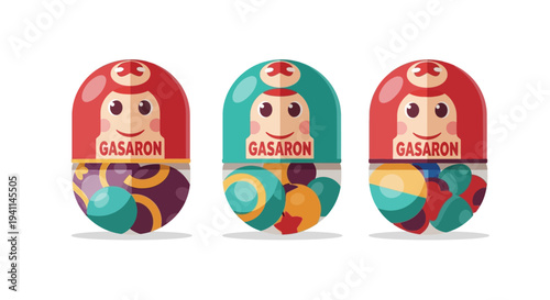 Three colorful "GASARON" candy vending machines with round toys inside