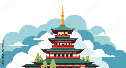 Traditional Japanese Pagoda Temple Architecture with Stylized Clouds and Trees