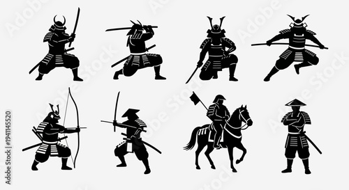 Samurai Warriors Silhouette Collection: Diverse Poses and Actions
