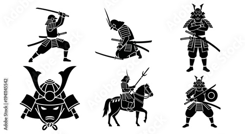 Samurai Warrior Silhouettes: Action Poses, Helmet, and Horseback Rider
