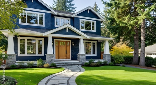 A beautiful two story blue house with a well manicured lawn and stone pathway