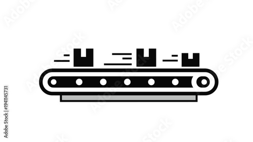 Linear design icon of a conveyor belt with moving boxes, symbolizing logistics, manufacturing, supply chain, automated production, or efficient delivery.