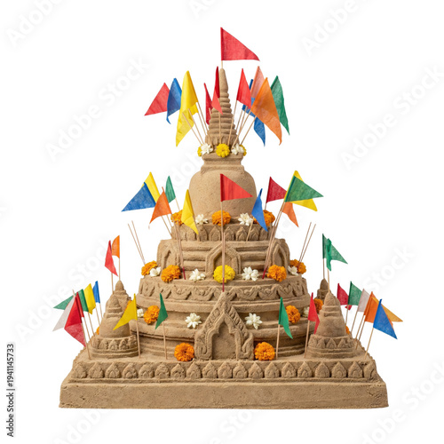 Quadro su tela Traditional Thai Songkran sand pagoda decorated with colorful flags