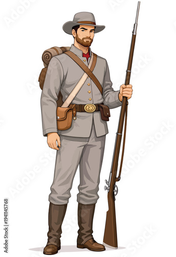 072-16-Confederate soldier wearing gray uniform with musket, portraying american civil war history