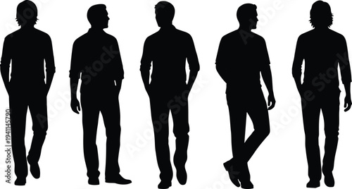 Men standing casual poses silhouettes male people isolated black vector illustration various characters human figures collection set