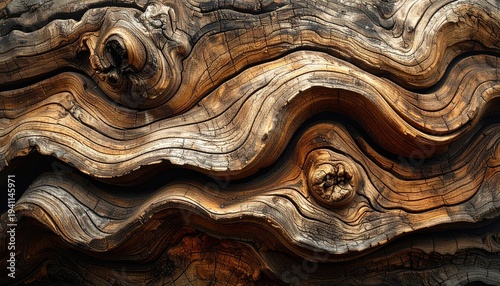 Close-up of a weathered, textured section of wood featuring intricate patterns and natural details. The warm, earthy tones enhance the organic aesthetic