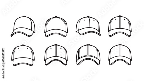 Collection of Baseball Cap Icons Outline Vector Illustration. Headwear Designs