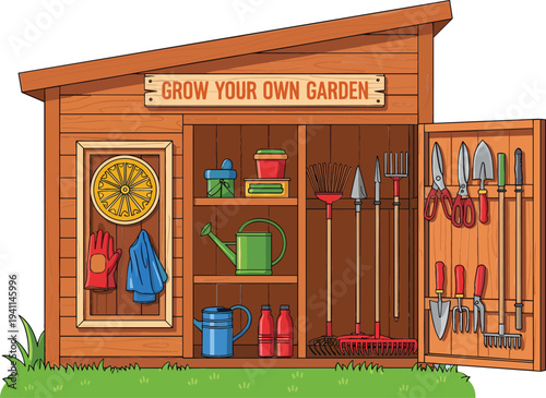 Garden Shed with Tools Vector Illustration Grow Your Own Garden Concept with Rake, Shovel, Watering Can and Gardening Equipment