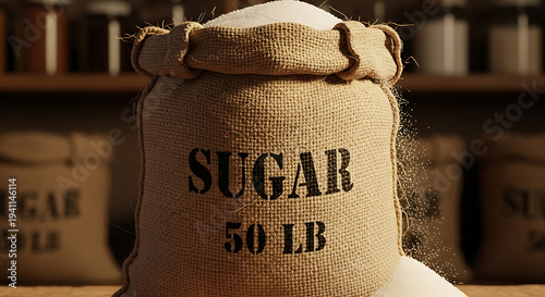 close-up of a 50 lb burlap sack of sugar overflowing and spilling white crystals representing bulk food commodity.