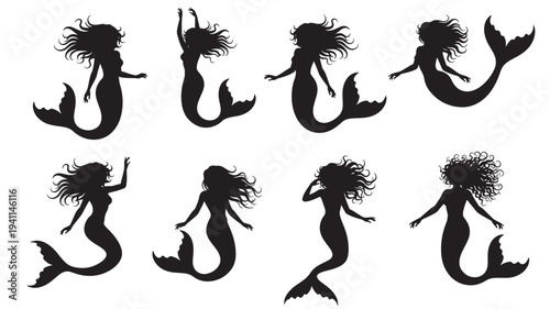 Mermaids set with flowing hair and dynamic poses, black silhouettes on white background featuring mermaid, silhouette, mythical creature with fantasy