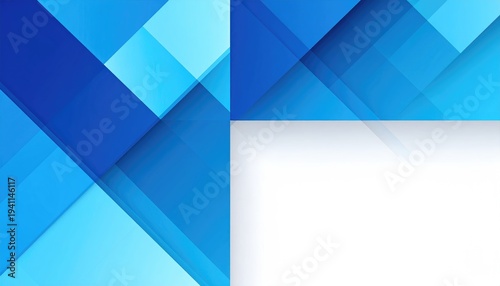 Geometric abstraction featuring overlapping blue shapes with varying shades, creating a dynamic diagonal composition on a white background