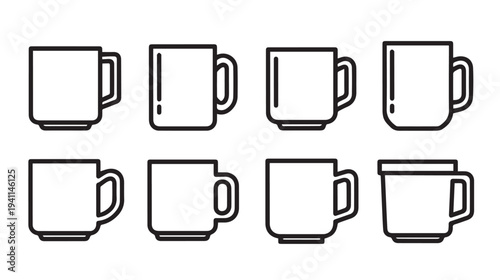 Collection of Eight Simple Line Art Coffee Mugs and Cups Isolated on White Background
