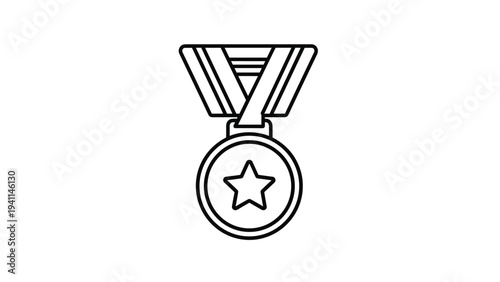 Linear design icon of a medal with a star hanging from a ribbon, symbolizing military honor, sporting achievement, excellence award, or top recognition.