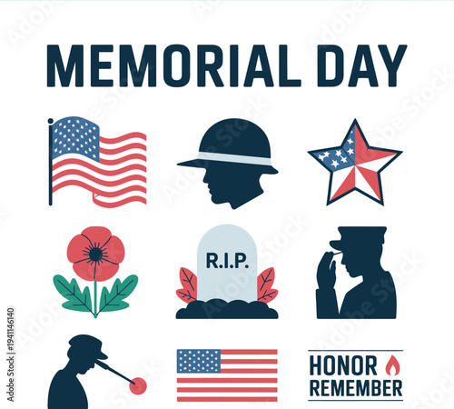 Memorial Day icons collection, flat design patriotic symbols featuring the American flag, poppy flower, soldier, memorial gravestone, star, and remembrance elements.