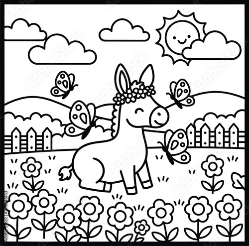 Bold and Easy Donkey Animal Coloring Page - Cozy Moment Farm Animal Line Art Vector for Adults and Kids