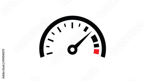 Linear design icon of a speedometer with the needle in the red zone, indicating maximum performance, high risk, critical level, or peak operational capacity.