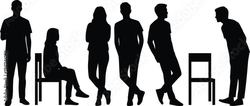 People silhouettes collection standing sitting and leaning poses, men and women casual characters isolated vector illustration set