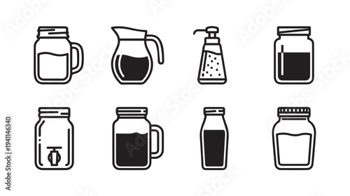 Collection of Glass Jars and Pitchers Line Art Icons Various Containers