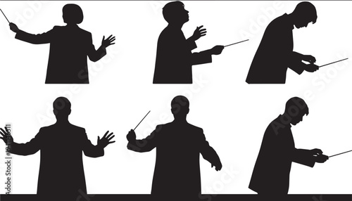 Conductor silhouettes with baton in various dramatic poses, expressing musical direction and passion, on a clean white background.