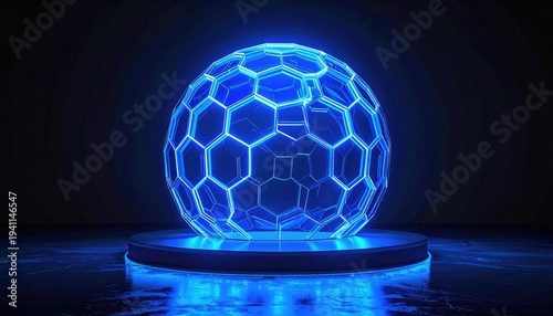 Illuminated, spherical structure composed of interconnected, glowing hexagons floating above a circular platform against a dark background