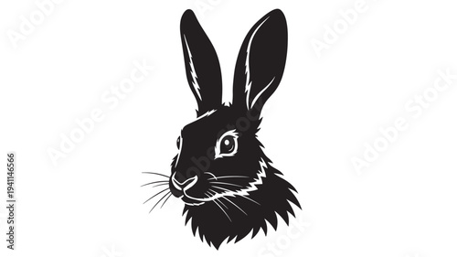 Rabbit head illustration with long ears and whiskers in a bold black silhouette on a white background