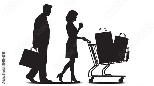 Couple silhouettes pushing full shopping cart and holding shopping bag with coffee cup in hand on white background