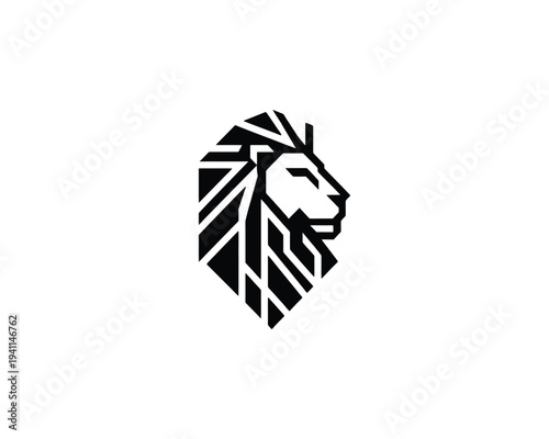 Geometric Lion Head Logo Minimalist Profile Abstract Mane Black and White Art Wildlife Symbol
