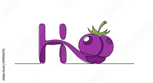 Vibrant purple single continuous line illustration of 'HI' incorporating a playful berry motif