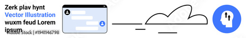 Digital communication, data transfer, cloud technology, user interface design, online messaging, remote connectivity. Chat window and cloud with a head icon. Digital communication and data transfer