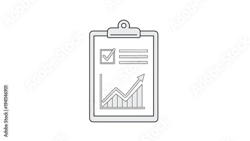 Linear design icon of a clipboard with a document showing a checkmark and an upward bar graph, representing successful reporting, performance evaluation, or positive survey results.