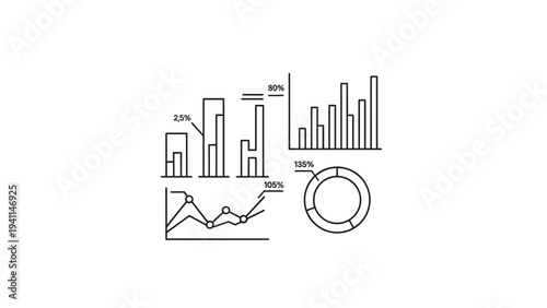Linear design icon featuring various graphs like bar charts and a line chart with percentages, illustrating comprehensive data analysis, statistical reporting, or market trends.