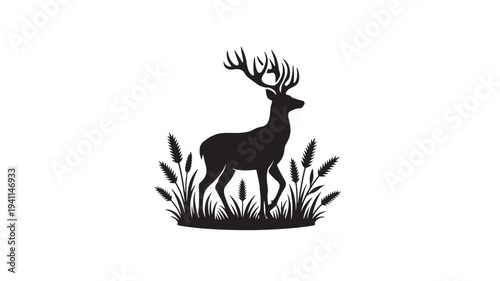 Deer silhouette with large antlers standing in tall grass and wheat stalks, perfect for nature and hunting themes.