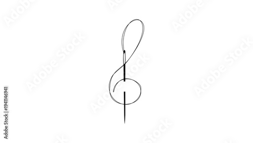 needle and thread in g-clef shape, black isolated silhouette