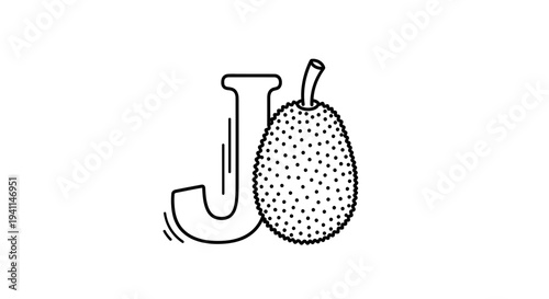 Minimalist black outline drawing of letter J paired with a spiky tropical fruit for learning