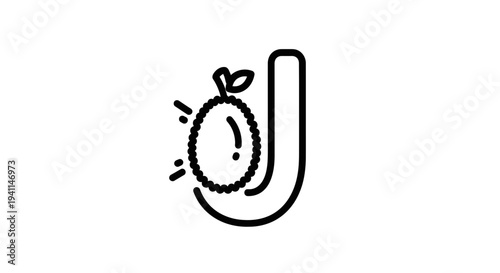 Minimalist black outline drawing of the letter J integrated with a jackfruit symbol for unique