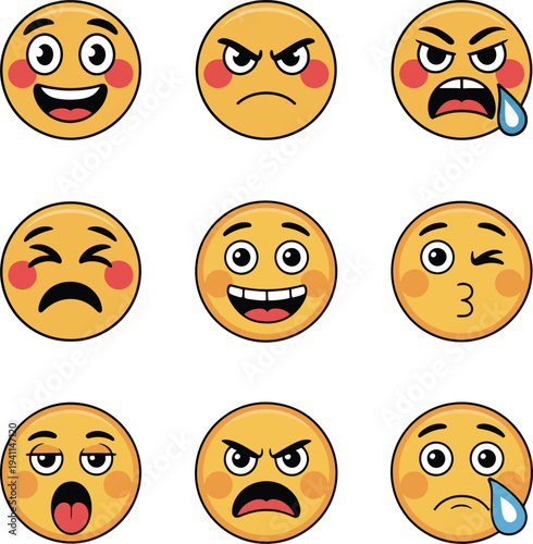 Emoji faces cartoon emoticon expressions happy sad reaction icon set